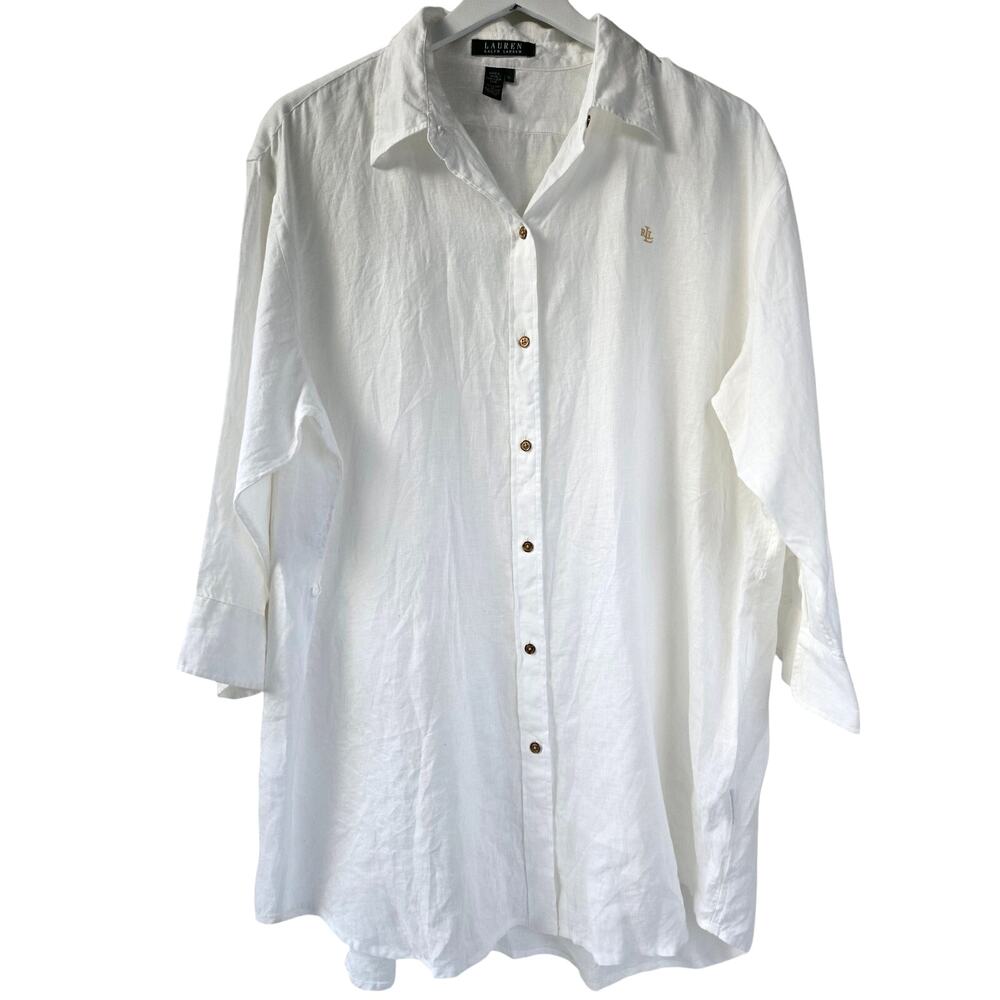 Lauren Ralph Lauren RLL White Linen Button Down Shirt Tunic Dress Top Women XL